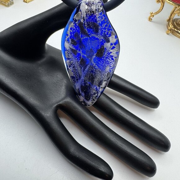 Vetri D'Arte Tear Drop Pendant Silver/Blue With Abstract Design Necklace Murano - Picture 2 of 6